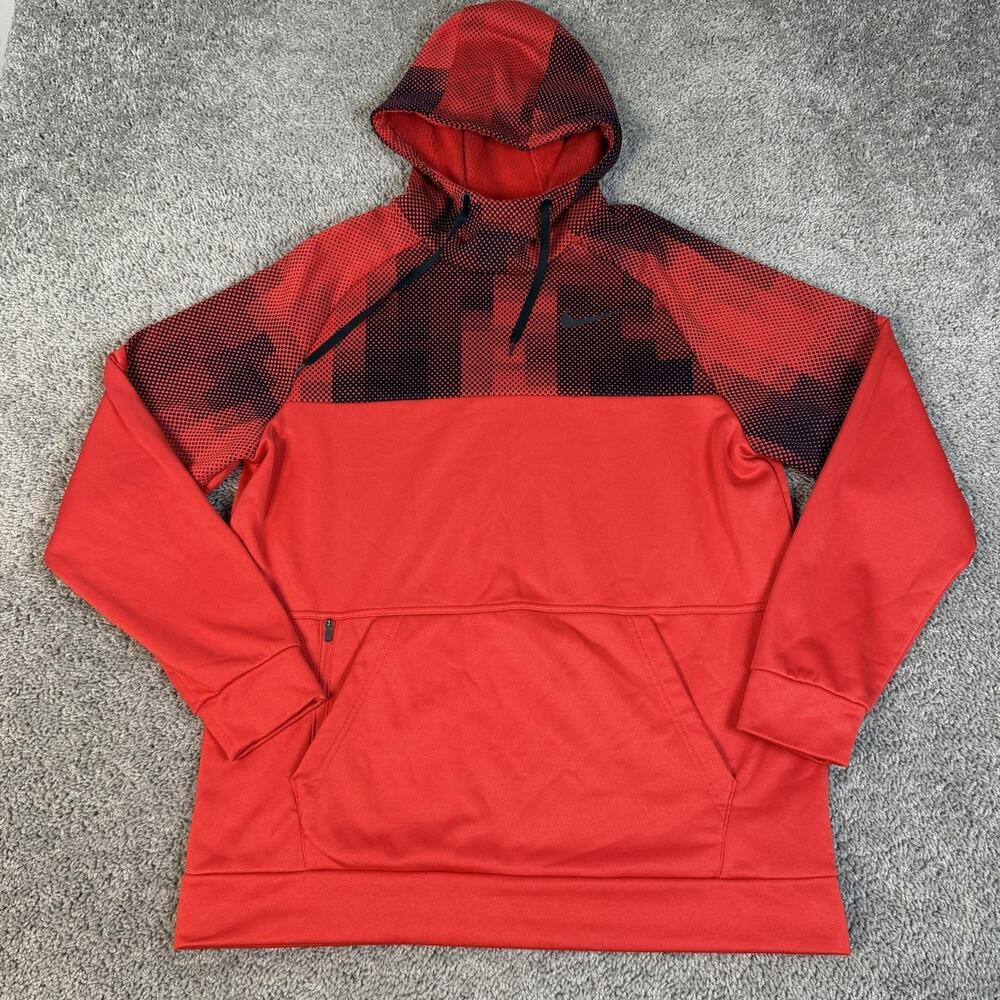 Nike Hoodie Mens L Red Pullover Dri-FIT Hooded Pockets Fleece Lined Embroidered